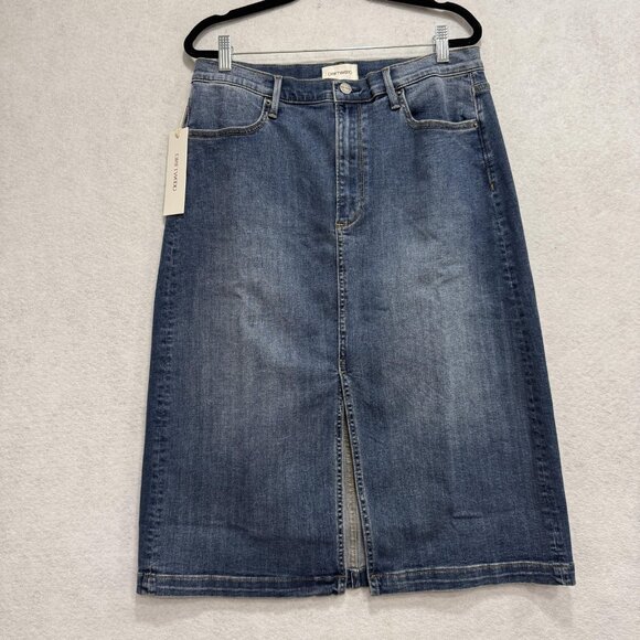 Driftwood Skirt Womens 31 Blue Denim Midi Front Slit 5 Pocket Stretch Zip Fly - Picture 1 of 9